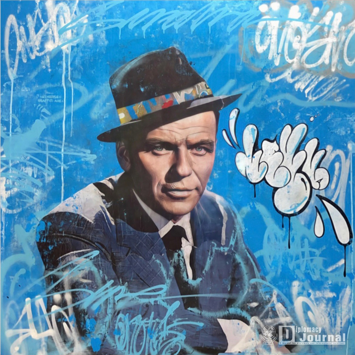 Ol blue eyes 140x140 cm acrylic, wheat-paste on canvas