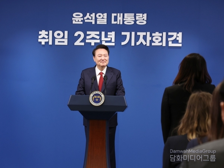 President Yoon Suk-yeol takes questions from reporters at the press conference held at the briefing room of the presidential office in Yongsan, Seoul, on May 9.