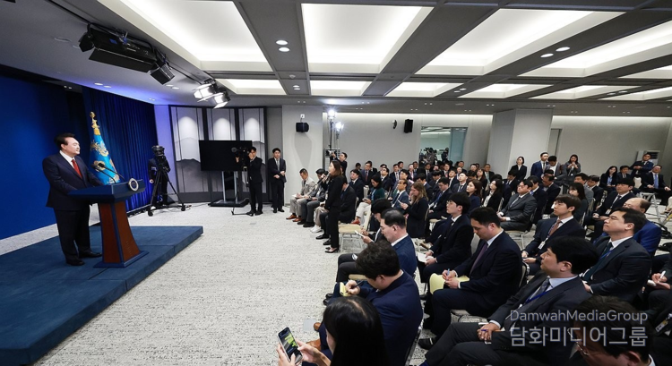 President Yoon Suk-yeol answers questions from reporters at the press conference held at the briefing room of the presidential office in Yongsan, Seoul, on May 9.