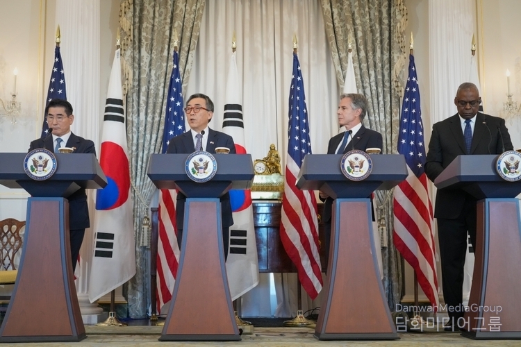 Minister of Foreign Affairs Cho Tae-yul (second from the left) speaks at the joint foreign and defense ministerial meeting in Washington on Oct. 31, 2024.