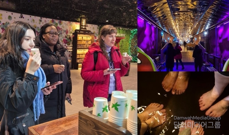 Three foreign promoters of Korean culture on Jan. 7 taste wine and take a wine foot bath at Muju Meoru Wine Cave in Muju-gun County, Jeollabuk-do (Jeonbuk-do) Province. / Courtesy of Jang Jin-young<br>
