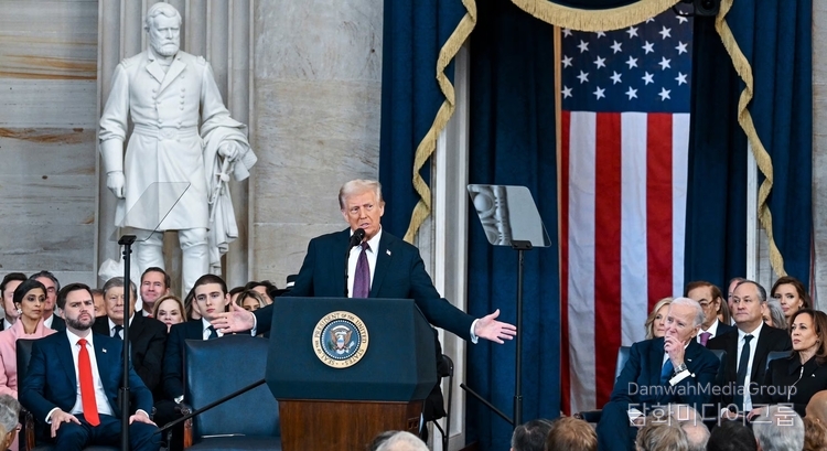 US President Donald Trump delivers his inaugural address after being sworn in inside the Rotunda of the US Capitol in Washington on Jan. 20, 2025. / Courtesy of AFP