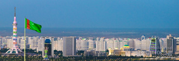 Panoramic view of Ashgabat city, including the Monument to the Constitution of Turkmenistan