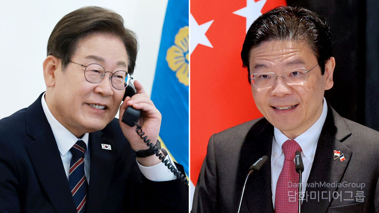 President Lee Jae-myung (left) held his first phone call with Singaporean Prime Minister Lawrence Wong on June 30 since taking office.